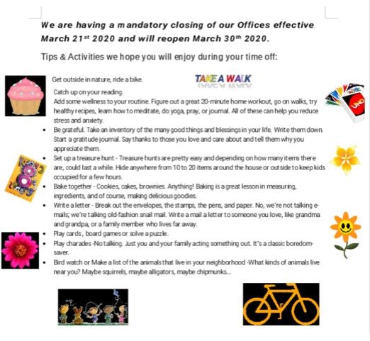Office closure notice with tips and activities for staff during mandatory closing March 21–30, 2020