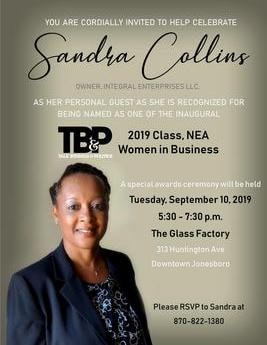 Invitation flyer for Sandra Collins being recognized as part of the 2019 NEA Women in Business class