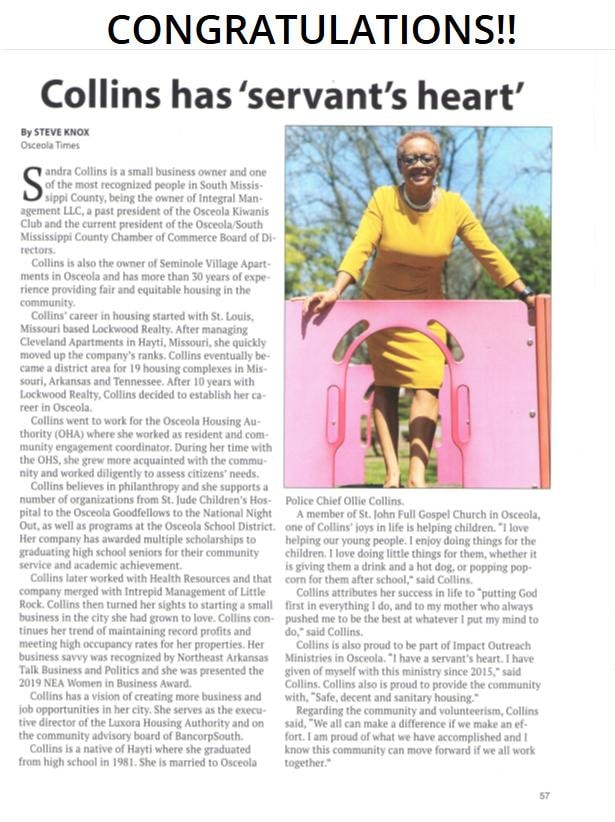 Newspaper article from the Osceola Times congratulating Sandra Collins — Collins has a servant's heart
